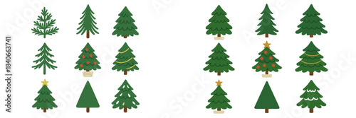 Assortment of stylized evergreen trees and decorated Christmas pines in various shapes