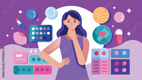 Woman with a collection of pills and other objects on her desk, engaged in her tasks..eps