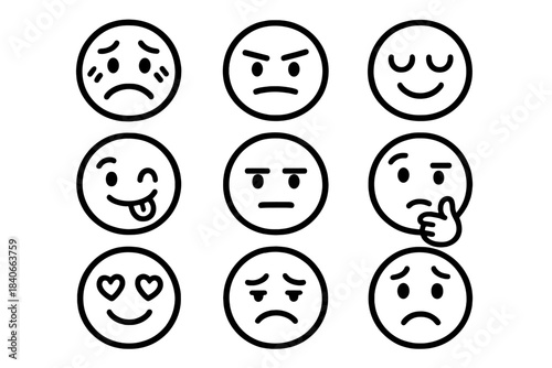 Diverse collection of nine outline emoticons displaying various moods and feelings