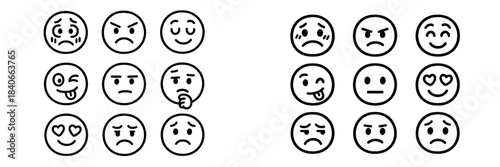 Diverse outline emoji faces collection representing human emotions and feelings expressions