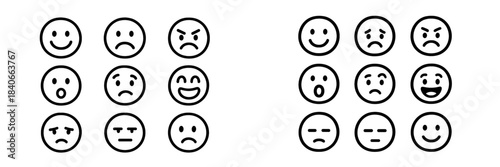 Outline emoji faces collection showing different moods and emotions like happy, sad, angry, and surprised