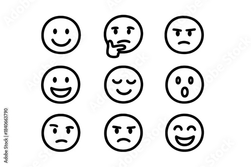 Nine simple line art facial expressions showing various moods and feelings