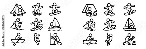 Simple line icons of people engaged in various outdoor sports and leisure activities