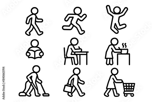 Stick figures performing daily activities like walking, running, reading, studying, and shopping