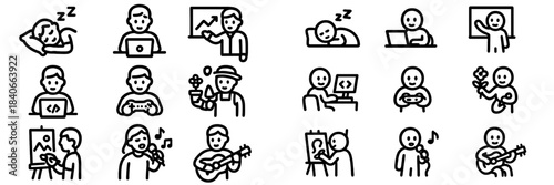 Diverse set of outline icons depicting daily life, work, leisure, and creative pursuits