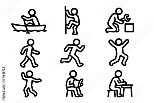 Simple black line icons depicting human actions like rowing, climbing, running, reading, and writing