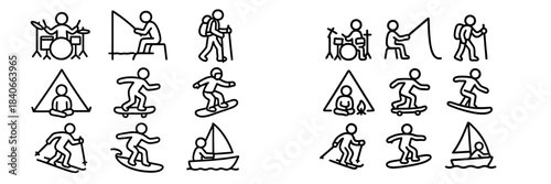 Set of simple outline symbols for various outdoor sports, hobbies, and recreational activities