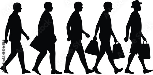 Silhouettes of Men Walking with Shopping Bags in a Line