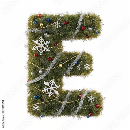 Christmas tree letter E in festive 3d style, green with red gold and white accents, decorative holiday alphabet for seasonal design on white background