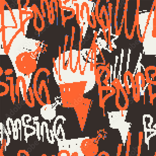 Vector Seamless pixel graffiti pattern with abstract tags, dithered texture. Urban, grunge, playful pixel art style perfect for backgrounds, textiles