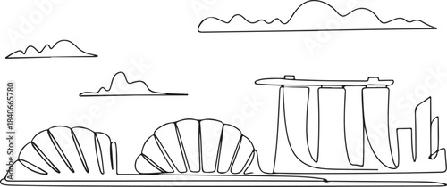 Continuous Line Art Singapore Skyline with Gardens by the Bay Domes in Minimal Contour Outline Style