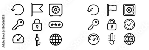 Essential outline icons set for web and app interfaces covering security, settings, and status