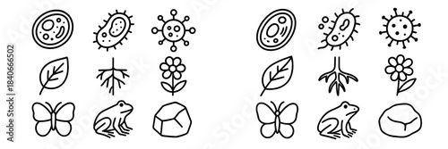 Biology and nature symbols featuring microbes, plants, animals, and geology elements