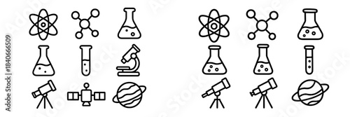 Outline icons set for scientific research, chemistry experiments, and astronomy concepts
