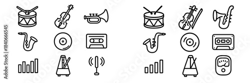 Set of outline icons for musical instruments, audio equipment, and sound technology