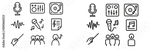 Minimal line art symbols depicting music, sound, recording, and performance technology