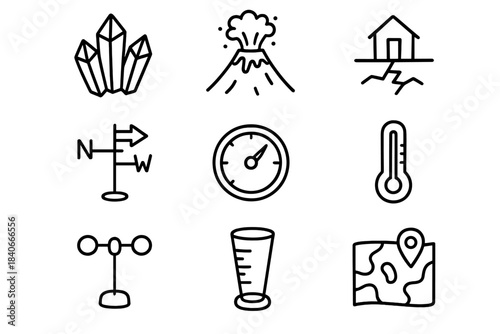 Set of essential line icons for geology, natural disasters, and weather measurement