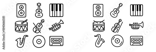 Outline symbols for musical instruments, sound equipment, and vintage audio media
