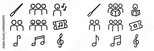 Outline icons set for music performance, concert, choir, and audience symbols