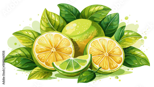 Very beautiful composition of sliced lime and lemon with fresh green leaves, illustrated in clean watercolor style. Perfect for vector food graphics, refreshing summer-themed artwork, and natural prod