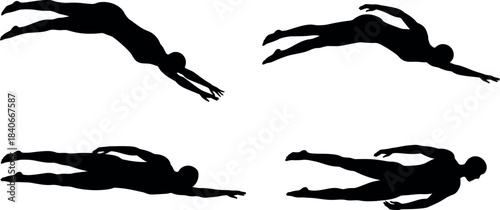 Silhouettes of Divers in Action Swimming Motions in Sequence