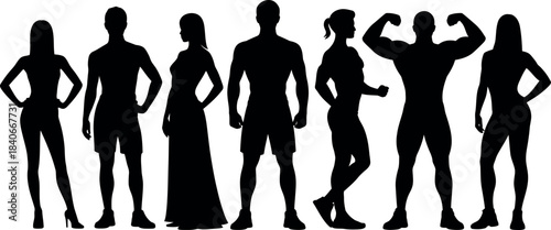 Silhouettes of diverse people in various poses and outfits