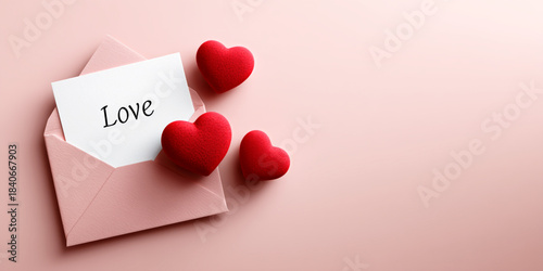 Romantic Love Letter with Red Hearts on Pink Background.