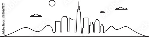 Continuous Line Art Skyline as Straight Line Rooftop Pattern in Minimal Contour Outline Style