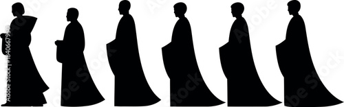 Silhouettes of Monks in Traditional Robes in a Row