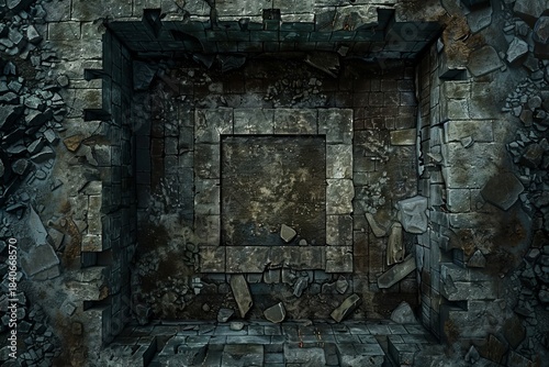 Dungeon for DND game with top view design. Shadowy lair with rock walls, pits, and passages, ideal for fantasy battles. Great terrain for tabletop strategy play.