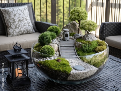 Miniature terrarium garden with small house, bridge and vibrant plants in glass. Great for interior decor, it includes moss, pebbles and a peaceful natural setting.