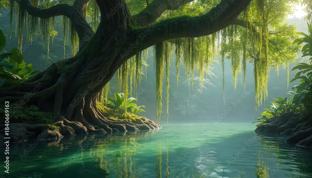 Naklejka premium Large ancient tree with hanging vines over calm turquoise water. Rich green tropical plants grow on mossy roots by serene jungle river bank.
