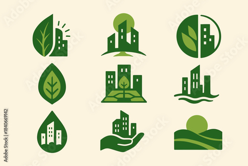 Green Sustainable City and Eco Growth Icons Set