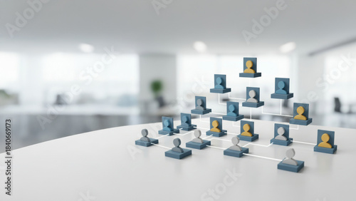 Visualization of a company organization with various roles represented on a table in a modern office environment during the daytime