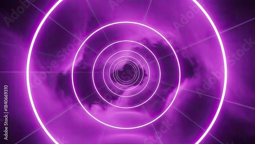 Abstract purple neon tunnel with swirling cloud-like patterns and concentric circles glowing