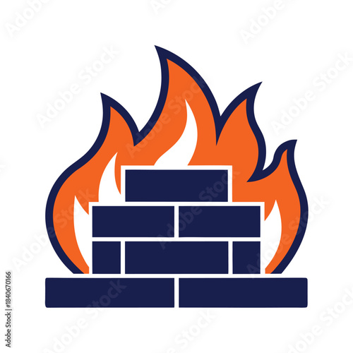 Brick wall fire icon flame security full color flat vector minimalist design