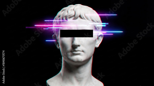 Classical white marble statue with black censorship bar on eyes and neon glitch