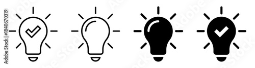 Set of light bulb icons. Idea, innovation, and solved problem vector symbols with check mark