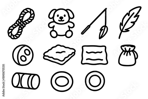 Pet Toy Icons. Pet Recreation Items linear set: rope pull, squeak plush, rolling treat ball, teaser feather, cuddle mat, activity tunnel, soft ring, snack pouch.