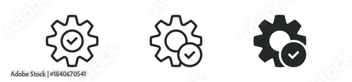 Gear icon set, gear with check mark icon tick symbol. black gear wheel icons collection. Cogwheel vector icon