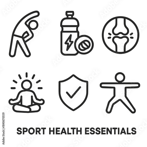 Sport Health Icons. Sport Health Essentials linear set: warm-up stretch, electrolyte drink, joint care symbol, meditation glow, injury-free icon, balanced stance.