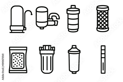 Water Filter Icons. Household filter essentials linear set: countertop purifier, faucet filter head, multi-stage cartridge, sediment screen, carbon granule pack, filter housing,