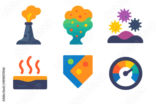 Thermal Vent Icons. Thermal Vent Microhabitats flat set: vent chimney, mineral-rich plume, extremophile cluster, heated rock shelf, chemical gradient icon, microhabitat gauge.