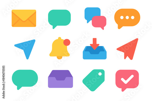 Vibrant Digital Message Icons. Digital Message Icons flat set: email envelope, chat bubble, message thread, typing dots, send arrow, notification bell, inbox tray, direct message