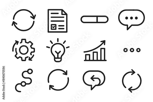 Feedback Cycle Icons. Feedback Cycle linear set: loop arrow, evaluation sheet, progress bar, comment bubble, iterative steps, clarity symbol, improvement chart, response dots,
