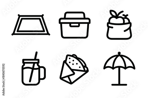 Independence Day Picnic Essentials. Independence Day Outdoor Essentials linear set: ground cloth, storage box, fresh produce pouch, mason jar cup, sandwich wrap, shade umbrella