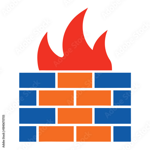 Brick wall fire icon flame security full color flat vector minimalist design