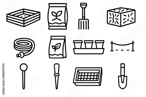 Gardening Essentials Icons. Vegetable Bed Preparation linear set: wooden bed frame, enriched soil bag, compost fork, mulch bale, irrigation tube, seed packet, starter pots, spacing