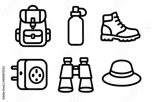 Travel Essentials Icons. Travel Gear linear set: backpack, water bottle, hiking boots, travel adapter, binoculars, sun hat.