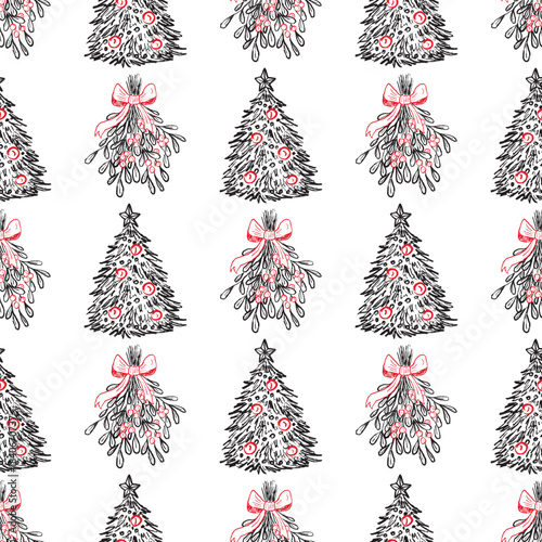 Hand drawn festive seamless pattern of Christmas trees and mistletoe. Perfect for seasonal decoration, packaging, textile. Vector sketch illustration in vintage crayon charcoal style
